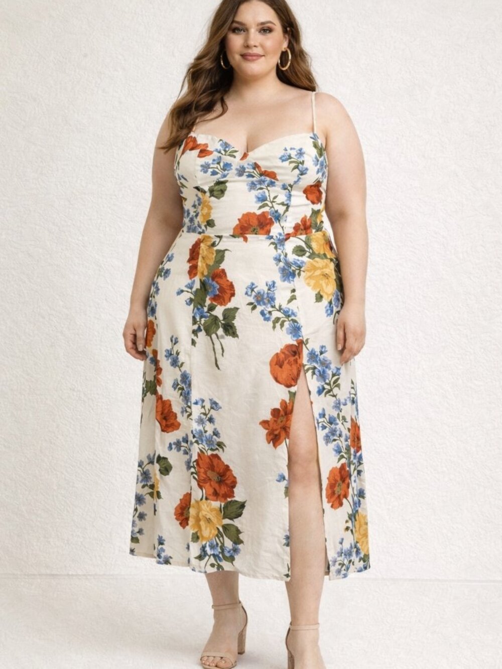 Reformation Cream Floral Midi Dress with Red, Yellow & Blue Flowers